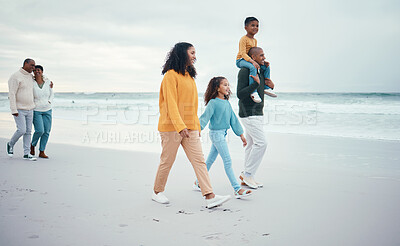 Buy stock photo Grandparents, parents and children walking on beach enjoying holiday, travel vacation and weekend together. Big family, smile and happy people holding hands for bonding, quality time and relax by sea