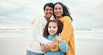 Portrait of grandmother, mom and girl on beach enjoying holiday, travel vacation and weekend together. Happy family, ocean and grandma smile with mother and child for bonding, quality time and love