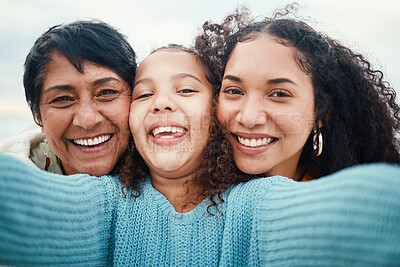 Buy stock photo Happy family, portrait and selfie by girl with mother and grandmother outdoors together. Travel, face and picture with females on vacation in Bali, relax and bonding, carefree and embracing for photo
