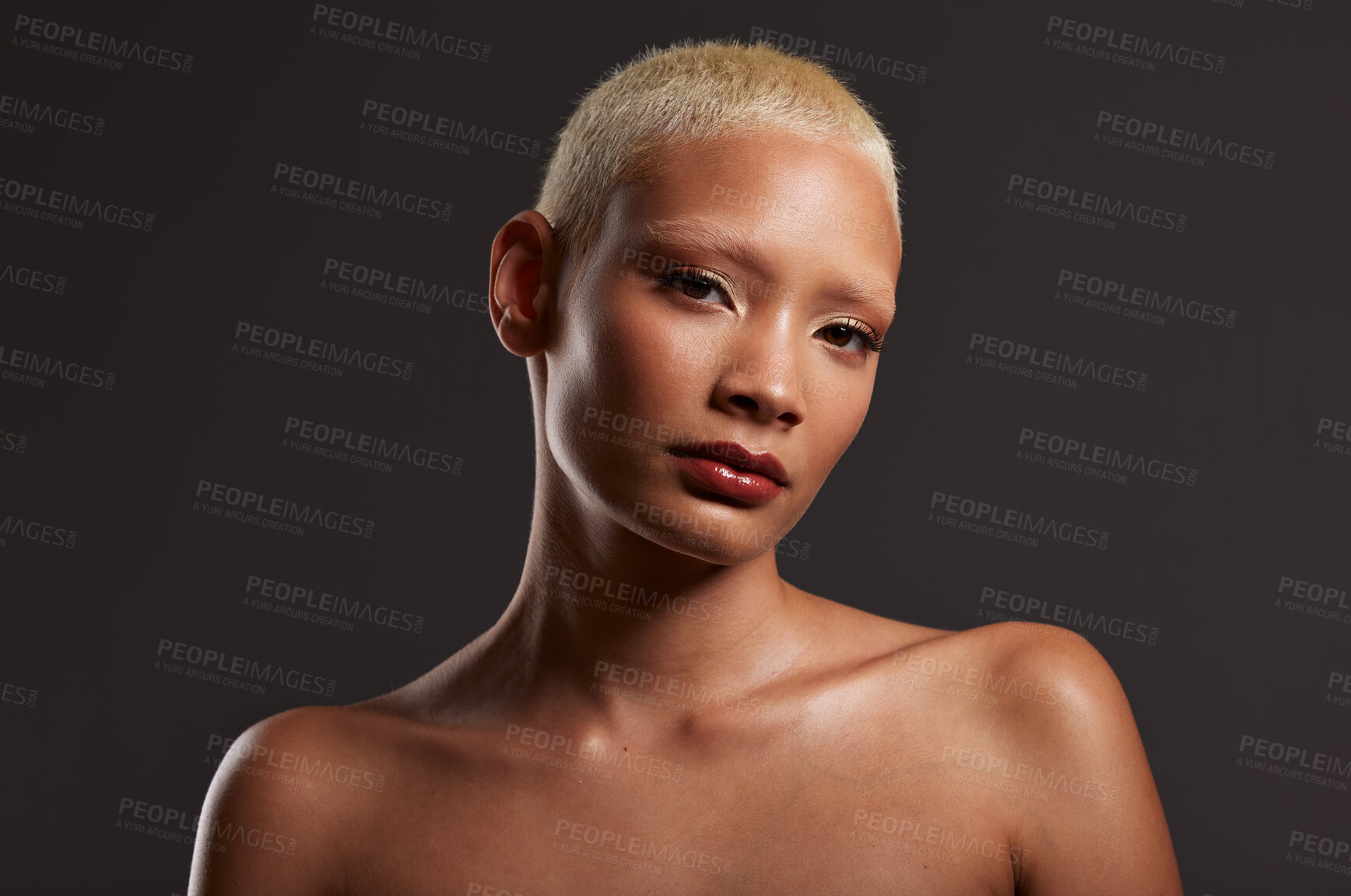 Buy stock photo Beauty, makeup and dark portrait of black woman in studio with platinum hair isolated on grey background. Art aesthetic, cosmetics and beautiful face of African model with luxury spa facial skincare.