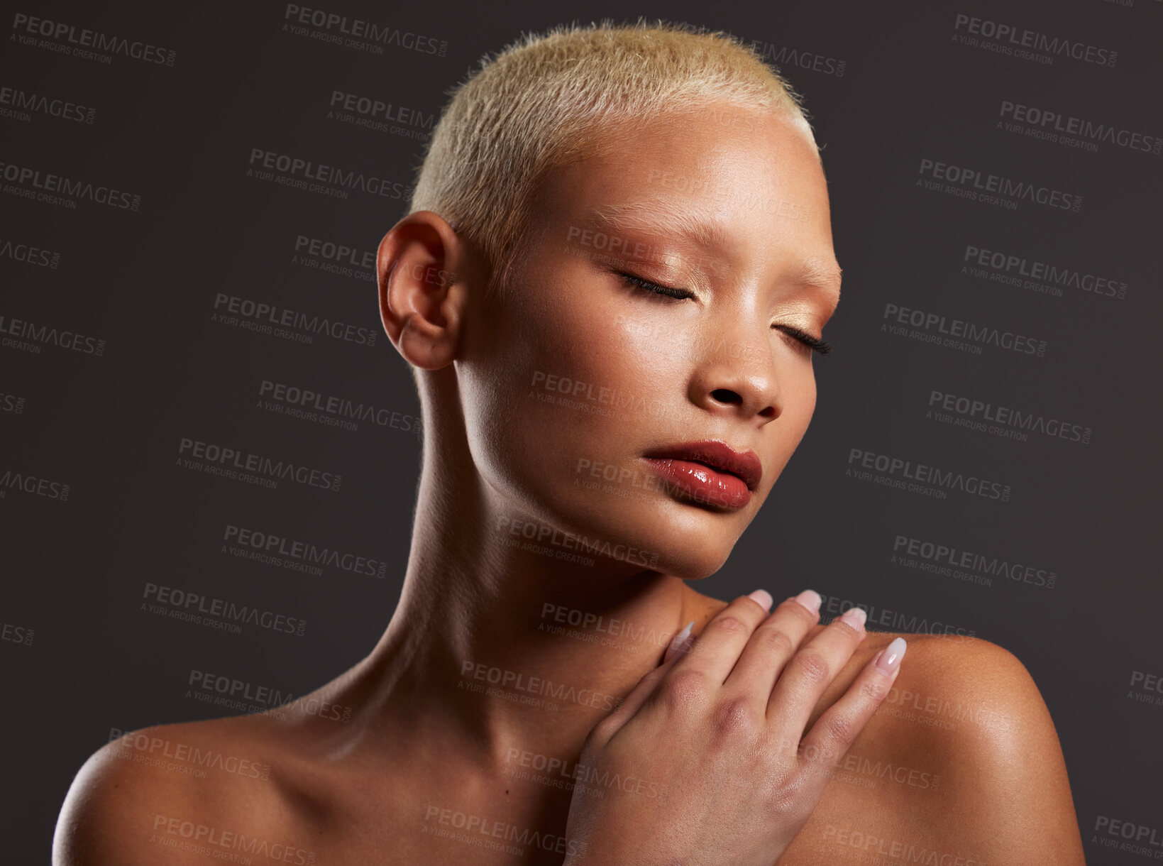 Buy stock photo Woman, beauty and skincare makeup for cosmetic treatment against a gray studio background. Beautiful female model touching skin in cosmetics for self love or body care wellness in satisfaction