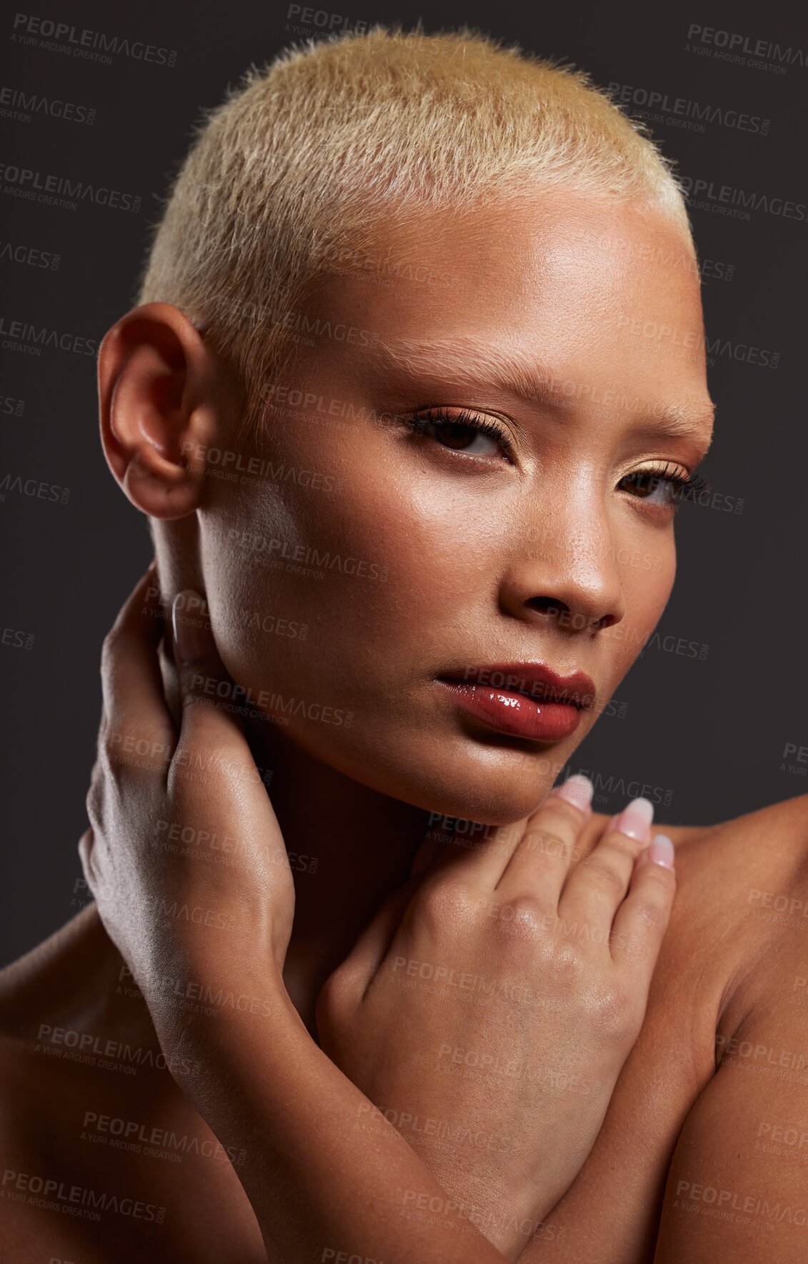 Buy stock photo Portrait of black woman, dark studio and makeup, platinum hair and beauty isolated on grey background. Skincare, art aesthetic and cosmetics, beautiful African model in skin glow and edgy spa facial.