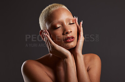 Buy stock photo Beauty, makeup and skincare, black woman with cosmetics in dark studio with platinum hair style isolated on grey background. Art, aesthetic and relax, African model in skin glow and luxury spa facial