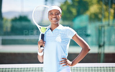 Buy stock photo Tennis, portrait and smile of black woman on court ready for match, game or competition. Fitness, sports and happy, proud and confident female athlete from Nigeria preparing for exercise or training.