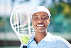 Tennis, face portrait and smile of black woman on court ready for match, game or competition. Fitness, sports and happy, proud and confident female athlete from Nigeria preparing for training workout