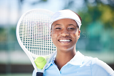 Buy stock photo Tennis, face portrait and smile of black woman on court ready for match, game or competition. Fitness, sports and happy, proud and confident female athlete from Nigeria preparing for training workout