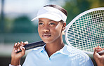Thinking, tennis sports and black woman on court outdoors for match, game or competition. Training face, idea and serious athlete with racket for exercise, practice or workout for wellness or fitness