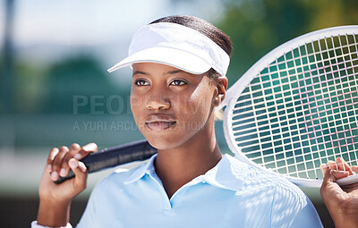 Buy stock photo Thinking, tennis sports and black woman on court outdoors for match, game or competition. Training face, idea and serious athlete with racket for exercise, practice or workout for wellness or fitness
