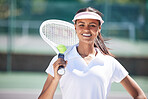 Tennis, portrait and smile of woman on court ready for match, game or competition. Fitness, sports racket and happy, proud or confident female athlete from India preparing for training or workout.