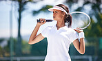Sports, fitness and tennis racket with woman on court and training for wellness, match and workout. Focus, ready and exercise with girl athlete playing game for cardio, health and competition 