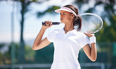 Buy stock photo Sports, fitness and tennis racket with woman on court and training for wellness, match and workout. Focus, ready and exercise with girl athlete playing game for cardio, health and competition 