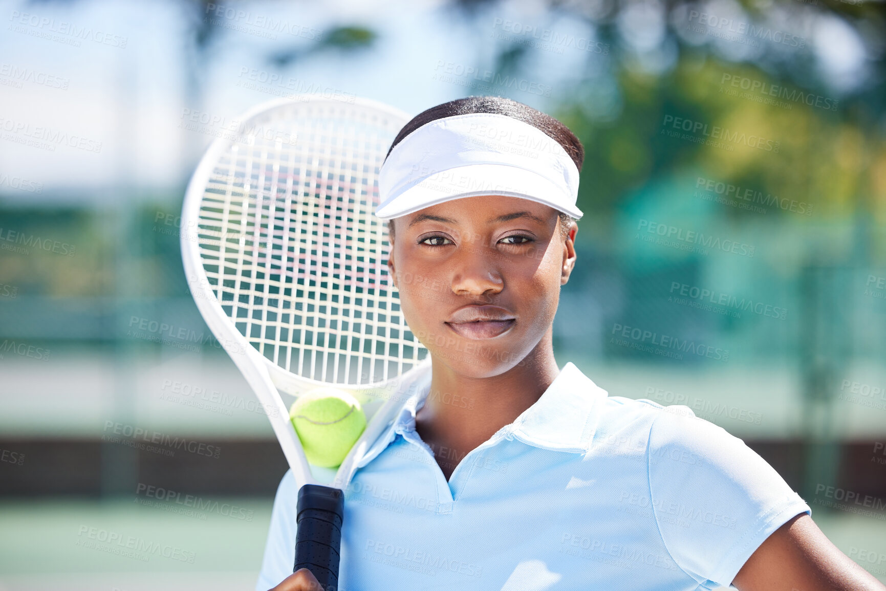Buy stock photo Tennis, face portrait and serious black woman on court ready for match, game or competition. Fitness, sports racket and young, proud and confident female athlete from Nigeria preparing for training