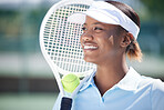 Tennis, face or smile of black woman on court ready for match, game or sports competition in summer. Fitness, girl or happy, proud confident female athlete in Nigeria preparing for training workout