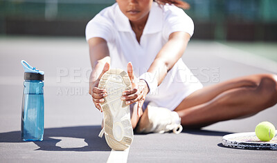 Buy stock photo Fitness, stretching and shoes of woman on tennis court for sports, training and competition practice. Workout, exercise and wellness with athlete and warm up in club for games, start and challenge