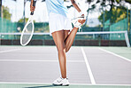 Tennis, hands and stretching legs on court to start workout, training or exercise. Fitness, sports racket and black woman athlete stretch, warm up and prepare for match, game or competition outdoors.