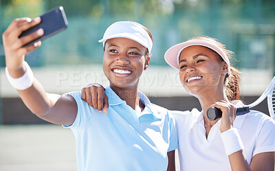 Buy stock photo Tennis, selfie and friends at court for training, match or exercise on blurred background. Sports, women and social media influencer smile for photo, profile picture or blog while live streaming