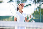 Winner, celebrate and female tennis player playing a match, training or practicing on an outdoor court. Sports, fitness and woman athlete winning at game, exercise or workout at stadium with victory.