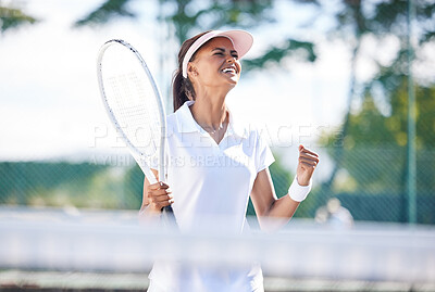 Buy stock photo Winner, celebrate and female tennis player playing a match, training or practicing on an outdoor court. Sports, fitness and woman athlete winning at game, exercise or workout at stadium with victory.