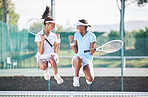 Sports, jump or tennis team celebrate game win, competition goals or partnership success achievement. Women, excited winner or happy teamwork celebration for exercise, workout or training challenge