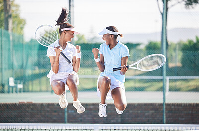 Buy stock photo Sports, jump or tennis team celebrate game win, competition goals or partnership success achievement. Women, excited winner or happy teamwork celebration for exercise, workout or training challenge
