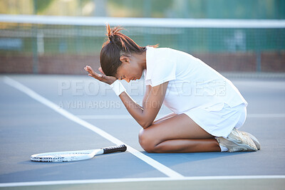 Buy stock photo Tennis, stress and woman with depression on court after failure in match, game or competition. Mental health, anxiety and sad female athlete with headache, migraine or exhausted after sports exercise