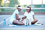Tennis player women relaxing with phone on fitness mobile app, game update and funny internet post on court floor. Happy biracial people on sports ground reading, watch or check smartphone together