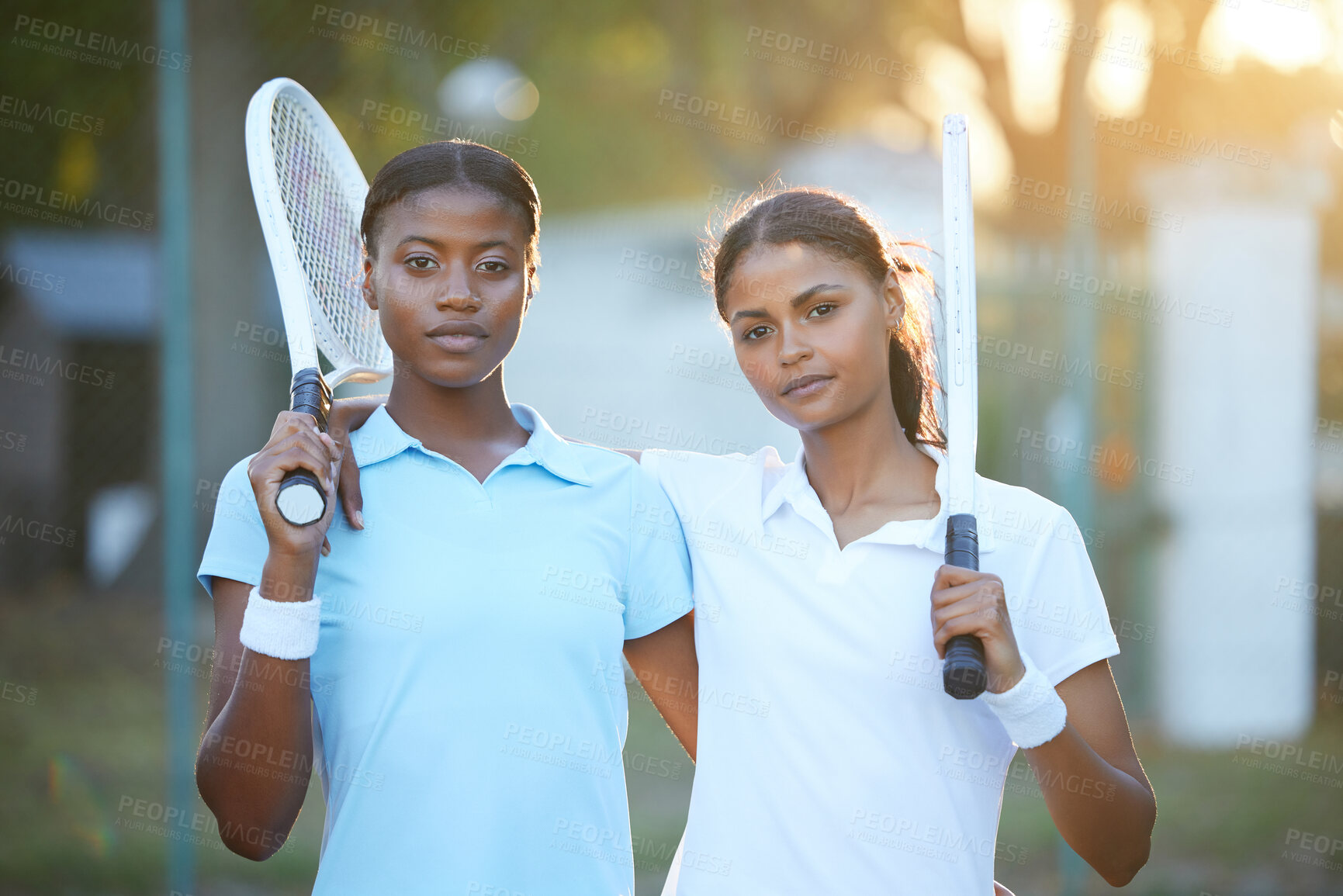 Buy stock photo Portrait, tennis and teamwork with sports women standing on a court outdoor together ready for a game. Fitness, collaboration or doubles partner with a serious female athlete and friend outside