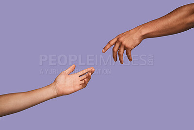 Buy stock photo Faith, support and reaching with hands of people for community, togetherness and creation. Contact, hope and trust with touch of person for connection, rescue or spiritual symbol on studio background