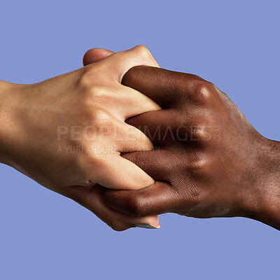 Buy stock photo Hands, partnership and different with a collaboration of people in studio on a blue background for support. Fingers, linked and grip with friends joined together in unity, diversity or solidarity