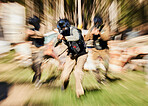 Blurred, military and people with guns for paintball, training and action game in nature. Fitness, defocused and soldier men shooting for war on battlefield, physical activity or cardio in a forest