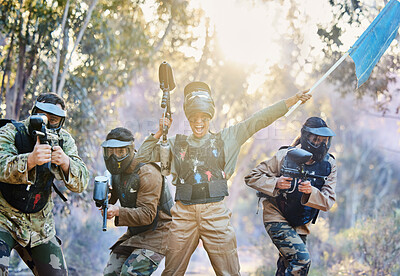 Buy stock photo Teamwork, paintball and capture the flag in celebration for winning, victory or achievement standing together in nature. Group of paintballers rally up for win, success or checkpoint with guns ready