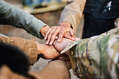 Buy stock photo Mission, paintball team or hands in huddle for goals, hope or soldier training on war battlefield. Friends, collaboration or army people with support in partnership or military group solidarity 