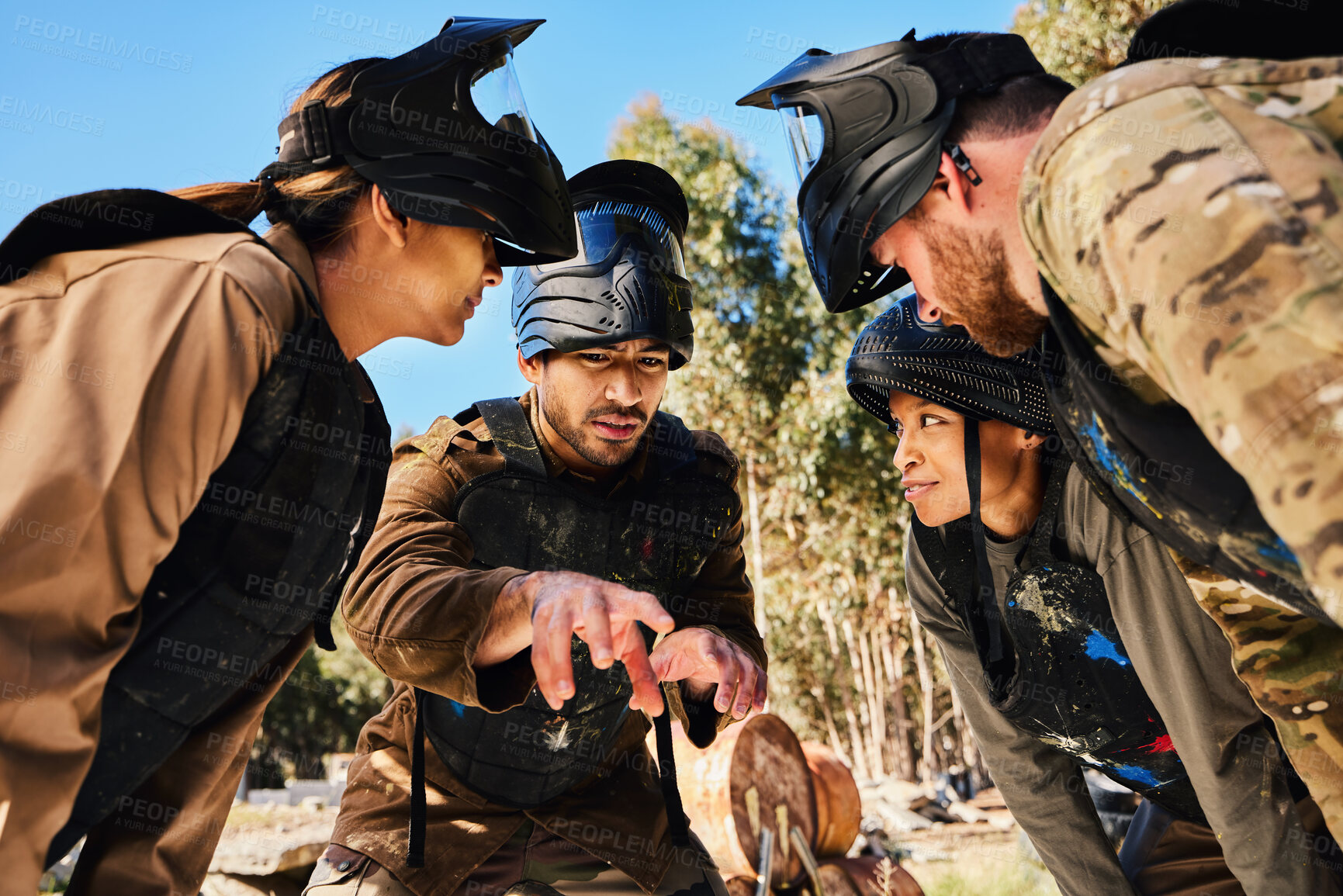 Buy stock photo Mission, paintball or people in huddle planning strategy, teamwork or soldier training on war battlefield. Meeting, community or army soldiers speaking for support, collaboration or military group 