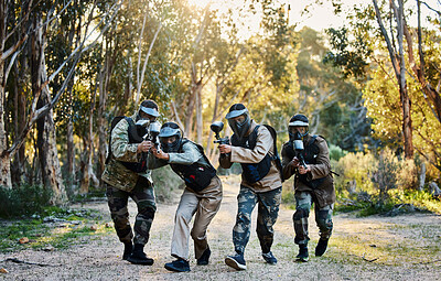 Buy stock photo Battlefield, military and people with guns for paintball, shooting game and training in nature. Army, teamwork and group of friends playing games, running for battle and target adventure in forest