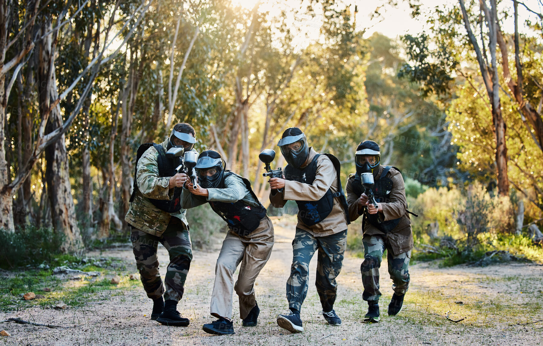 Buy stock photo Battlefield, military and people with guns for paintball, shooting game and training in nature. Army, teamwork and group of friends playing games, running for battle and target adventure in forest