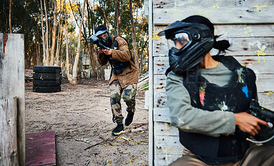 Buy stock photo Paintball, sports and man with gun for battle, game or competition outdoors on field. War fight, military army and male soldier with weapon on shooting range while hiding from opponent for exercise.