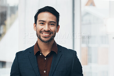 Buy stock photo Office portrait, leader or happy business man, manager or CEO smile for startup company success. Management pride, corporate employee or face of confident worker, businessman or professional designer