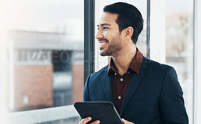 Buy stock photo Window, happy man and tablet for architect vision, business mission or digital blueprint for real estate project. Realtor, property developer or person planning architecture engineering development