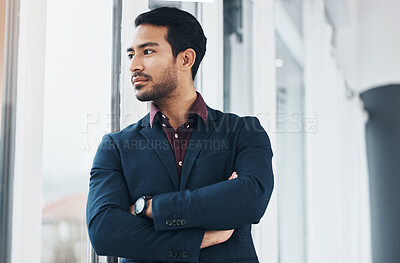 Buy stock photo Office window, vision and man thinking of startup entrepreneurship, corporate management or company idea. Proud entrepreneur, human resources and HR manager with career, job or executive vocation