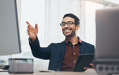 Buy stock photo Invisible screen, computer and business man in office with hand gesture for hologram, virtual tech and ai. Network, technology mockup and happy male at desk with tablet for internet, research and ui