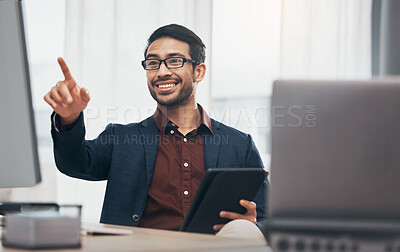 Buy stock photo Point, computer and happy business man in office with hand touch for research, website and internet. Digital network, technology mockup and male smile at desk on tablet for software, data and online