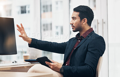 Buy stock photo Invisible screen, digital and business man in office with hand gesture for hologram, virtual tech and ai. Network, technology mockup and serious male at desk with tablet for internet, research and ux