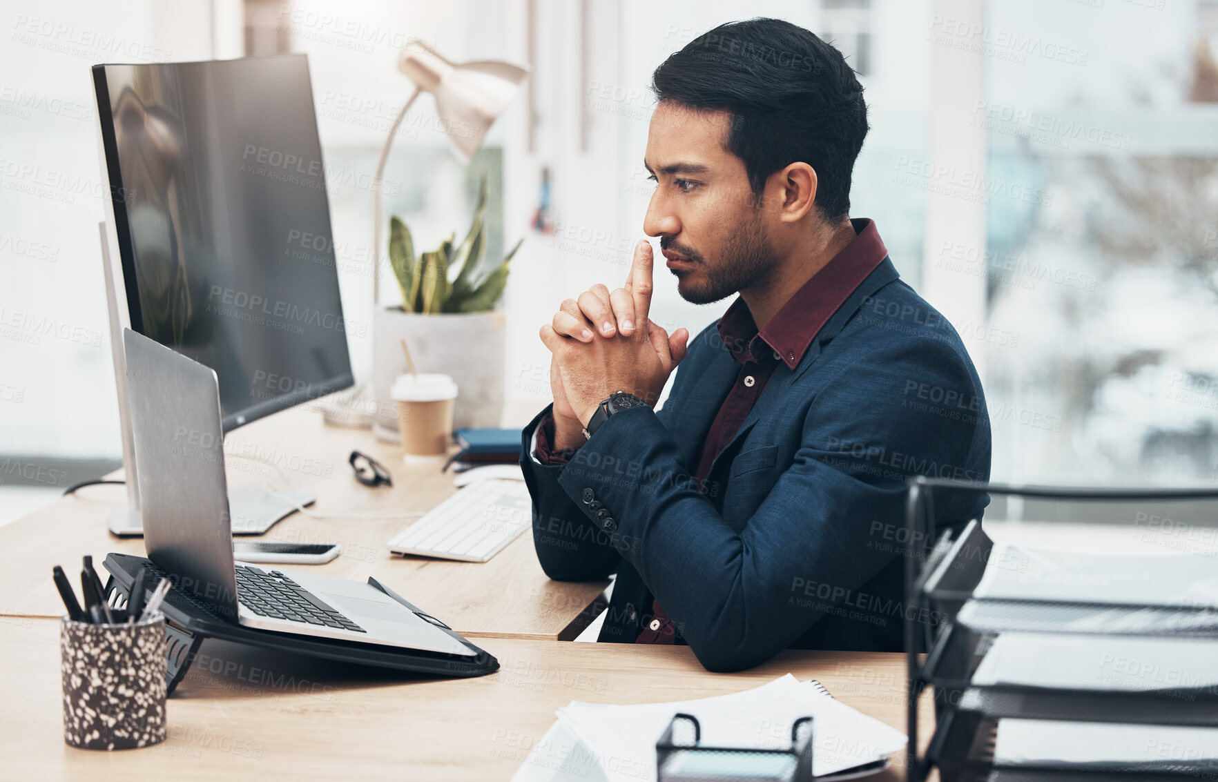 Buy stock photo Office, thinking and ideas, man at computer brainstorming ideas for online project with focus. Planning, concentration and Indian businessman on internet search for startup business idea at desk.