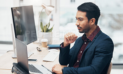 Buy stock photo Office, brainstorming and man at computer thinking of ideas for online project with concentration and focus. Planning, analytics and Indian businessman on web search for startup business idea at desk