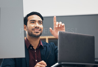 Buy stock photo Virtual screen, laptop and man pointing at UX web design, app wireframe or website digital transformation. Information technology dashboard, AI hud and graphic designer rendering multimedia software