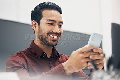 Buy stock photo Phone, smile and businessman texting a social media message in an office online, internet or web laughing at meme. Funny, searching and corporate employee browsing website or mobile app on smartphone