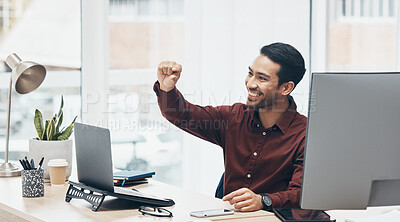 Buy stock photo Sign and small gesture by happy businessman on a laptop, cheerful and excited in an office. Hands, emoji and little symbol by asian leader with idea for startup, mission or problem solving 