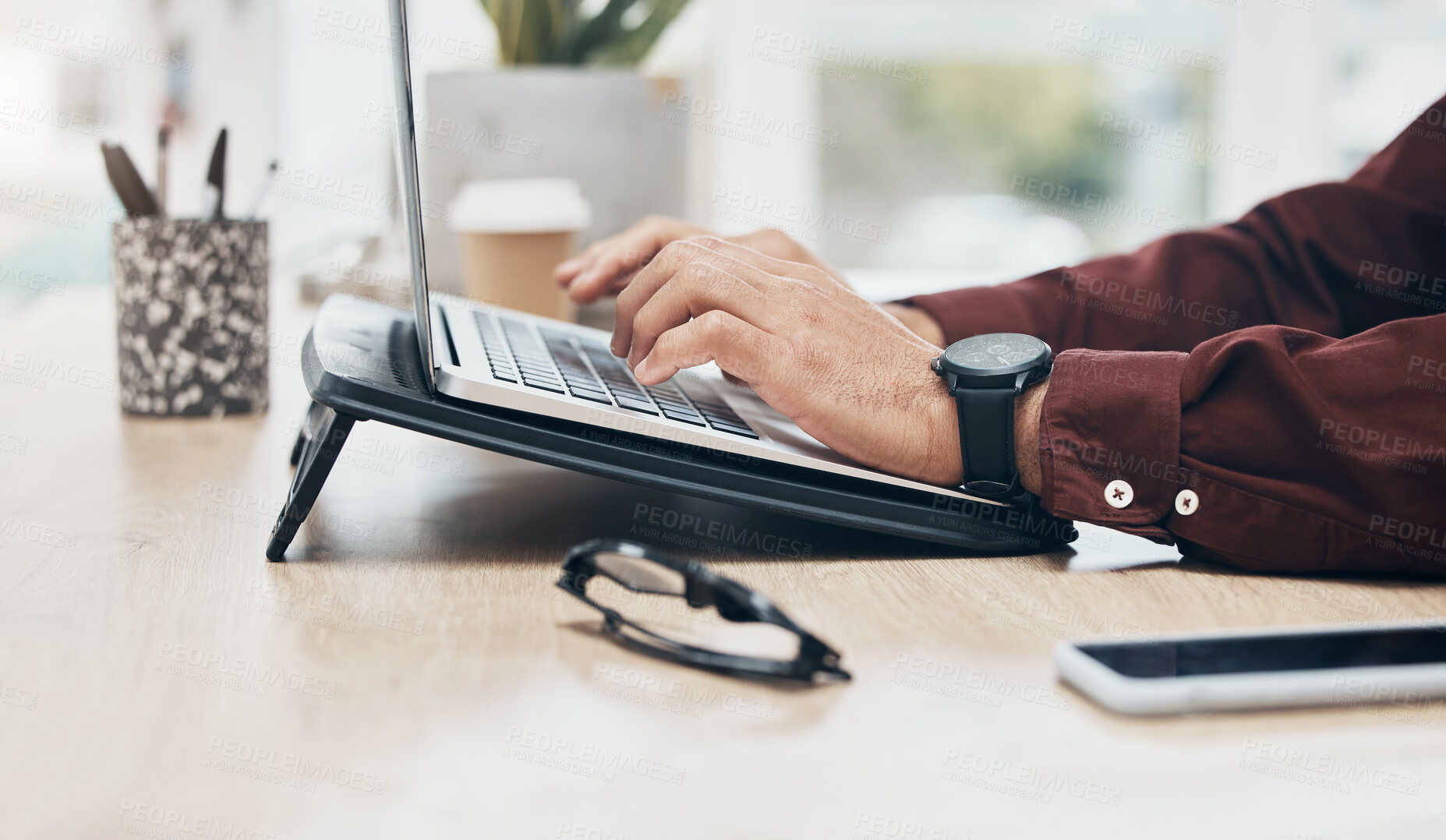 Buy stock photo Business man, hands and typing on laptop, information technology and tech support and working in office. Keyboard, glitch or 404 with software update, male at desk with digital problem solving