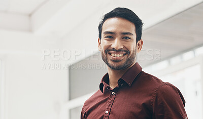 Buy stock photo Office portrait, agent and happy business man, manager or leader smile for startup company success. Management, corporate employee and face of Bangladesh worker, businessman or professional designer