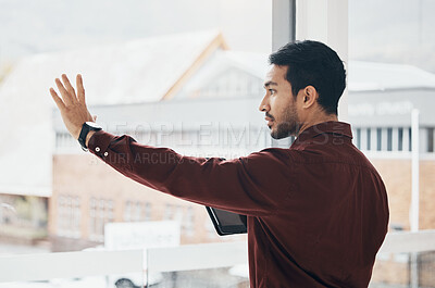 Buy stock photo Invisible screen, window and business man in office with hand gesture for hologram, virtual tech and ai. Network, technology mockup and serious male with tablet for internet, research and online ux